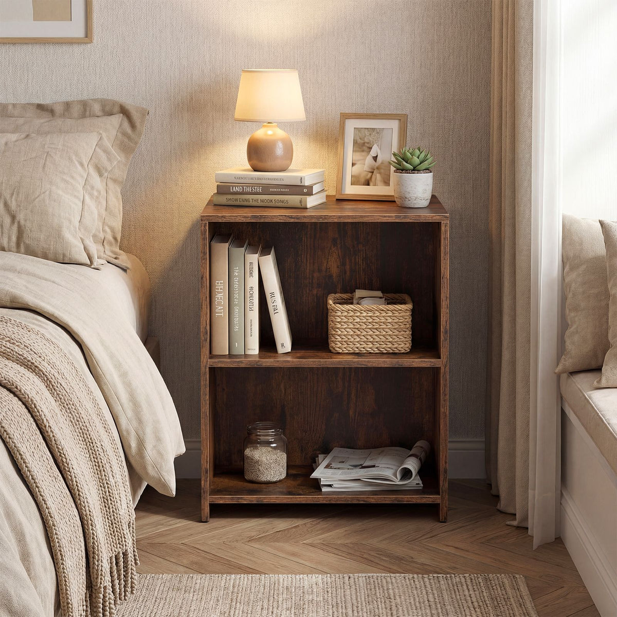 Square Sofa Side Table with Open Storage Shelves for Living Room and Bedroom