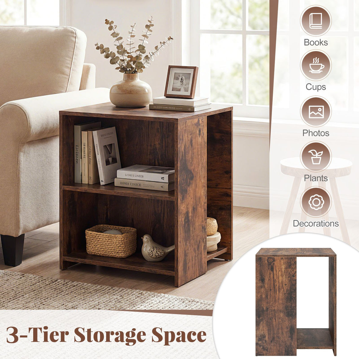 Square Sofa Side Table with Open Storage Shelves for Living Room and Bedroom