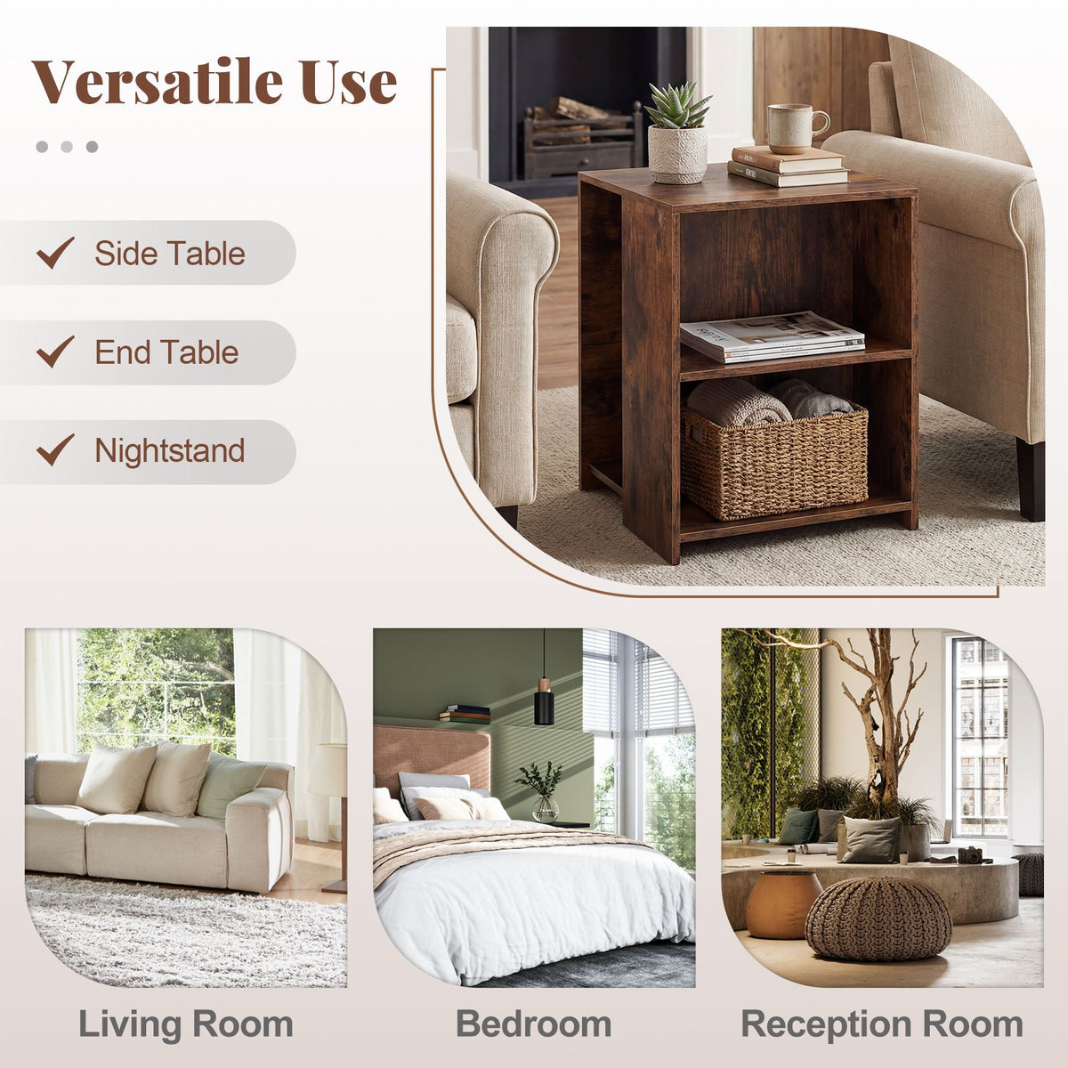 Square Sofa Side Table with Open Storage Shelves for Living Room and Bedroom