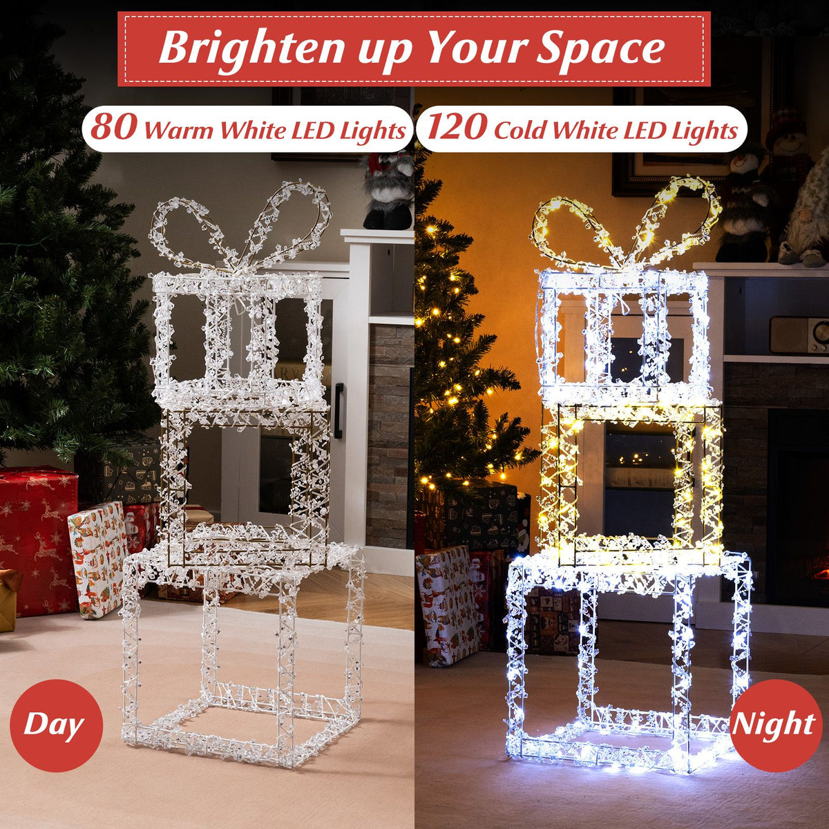 Stacked Lighted Gift Boxes with Warm White and Cold White LED Lights