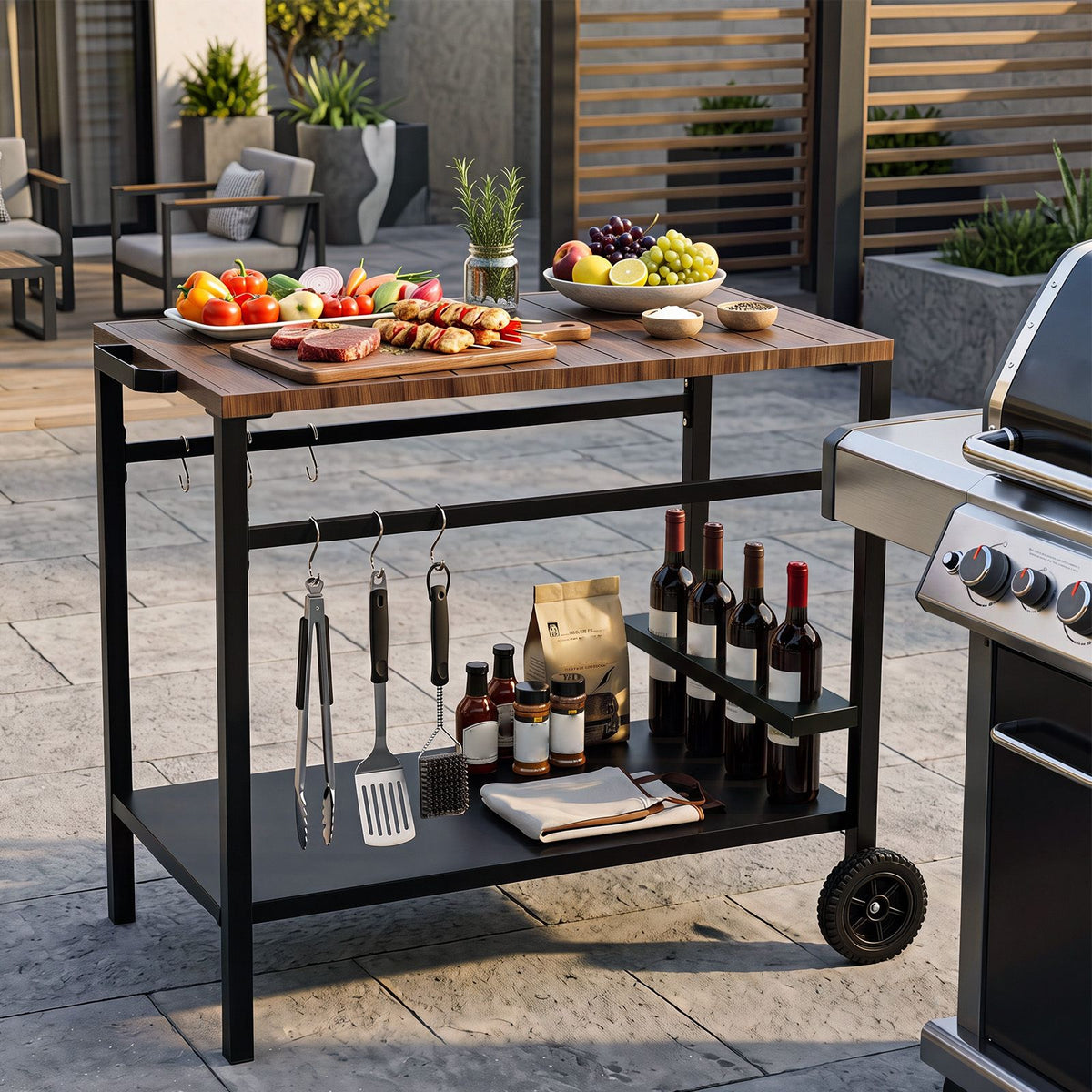 Stainless Steel Top Outdoor Kitchen Island on Wheels with Spice Rack and amp