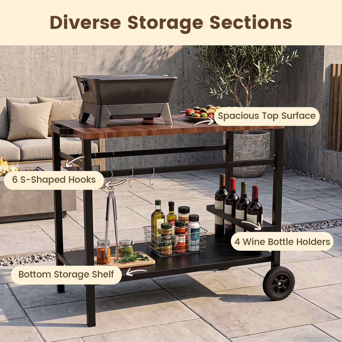 Stainless Steel Top Outdoor Kitchen Island on Wheels with Spice Rack and amp