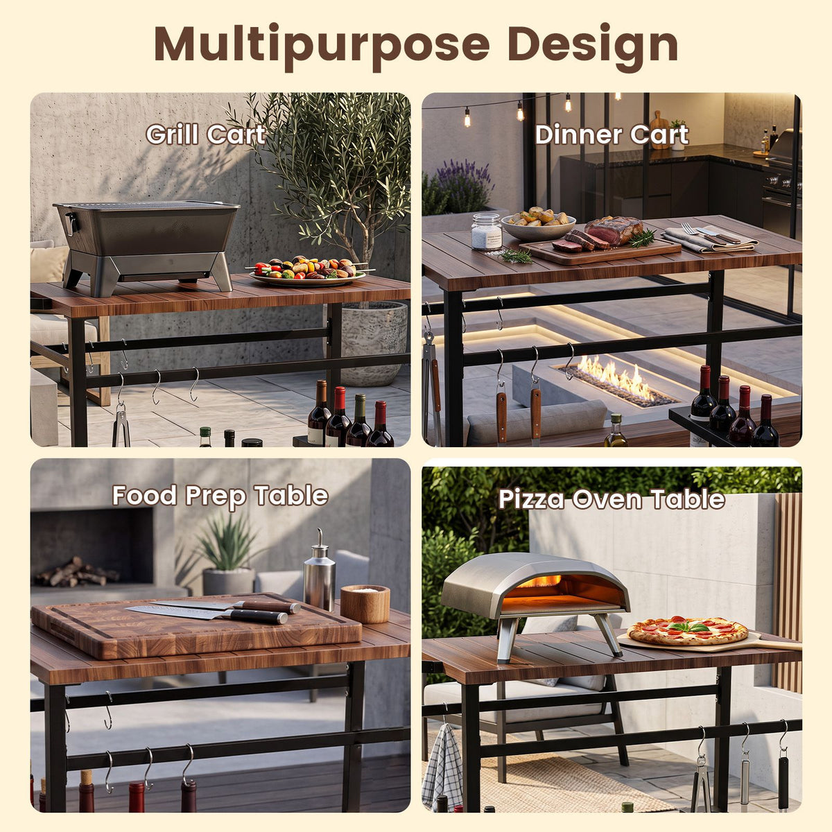 Stainless Steel Top Outdoor Kitchen Island on Wheels with Spice Rack and amp