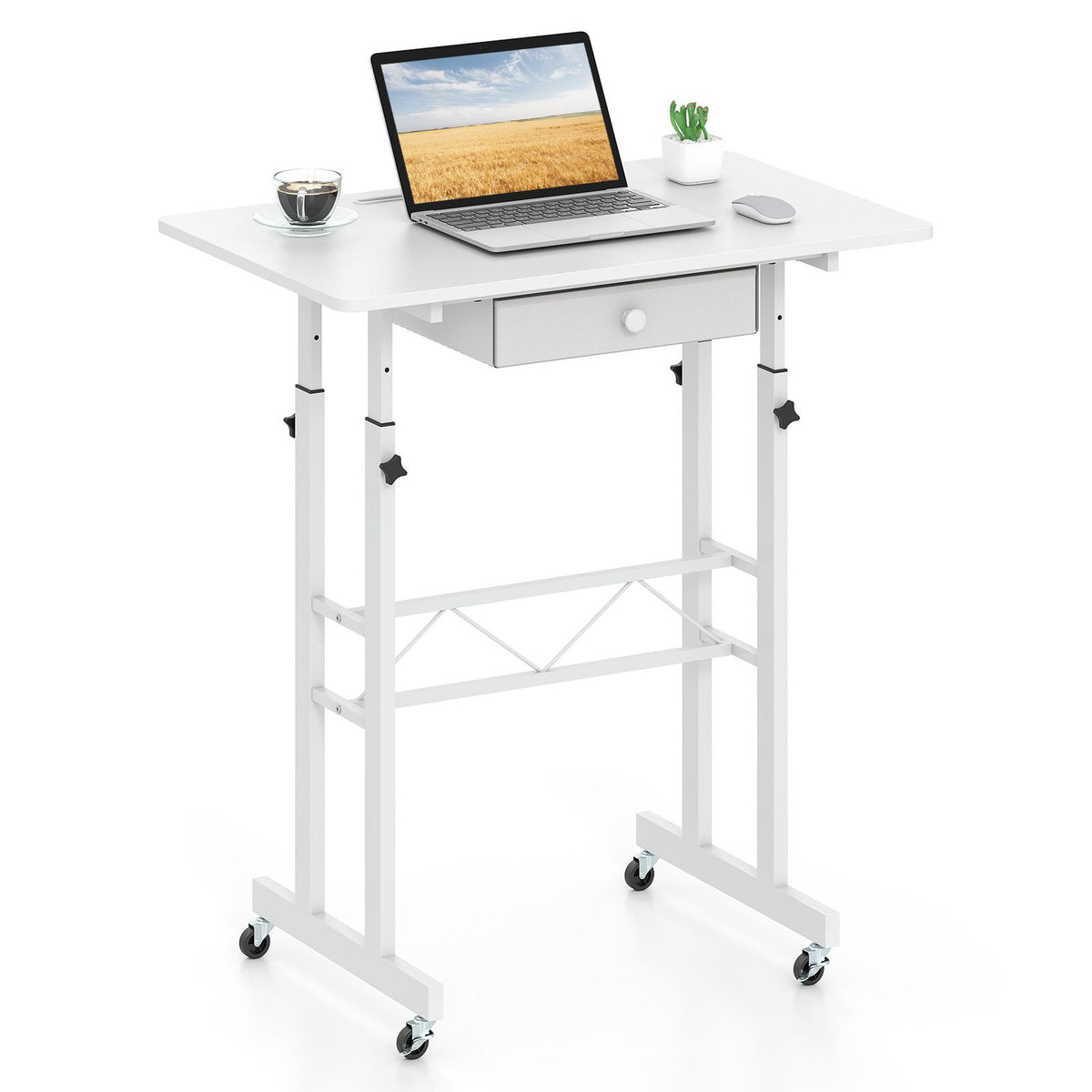 Standing Desk Height Adjustable with Fabric Drawer and Lockable Wheels