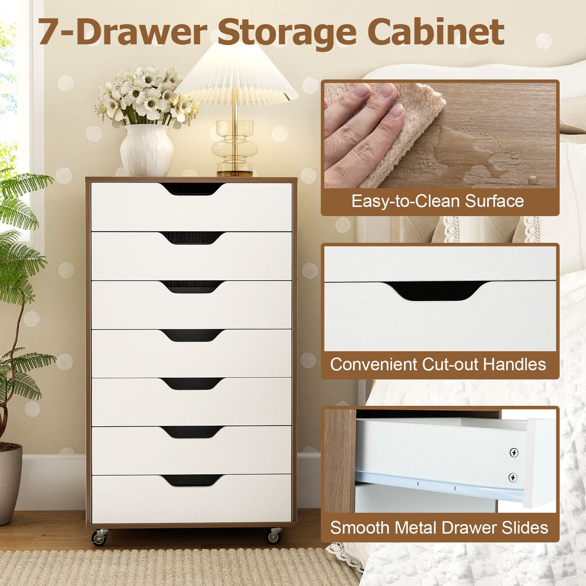 7-Drawer Storage Cabinet with 4 Universal Casters for Office