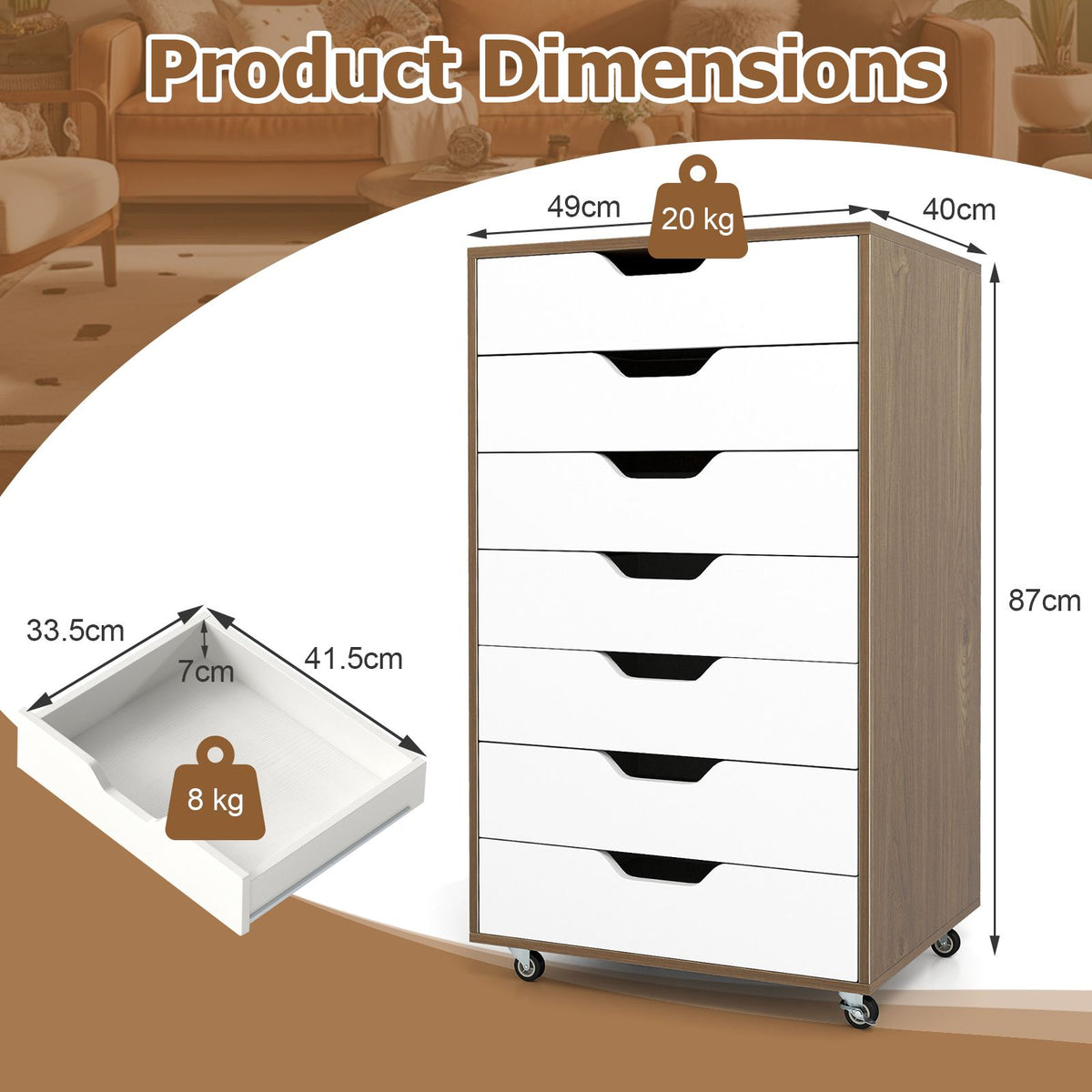 7-Drawer Storage Cabinet with 4 Universal Casters for Office