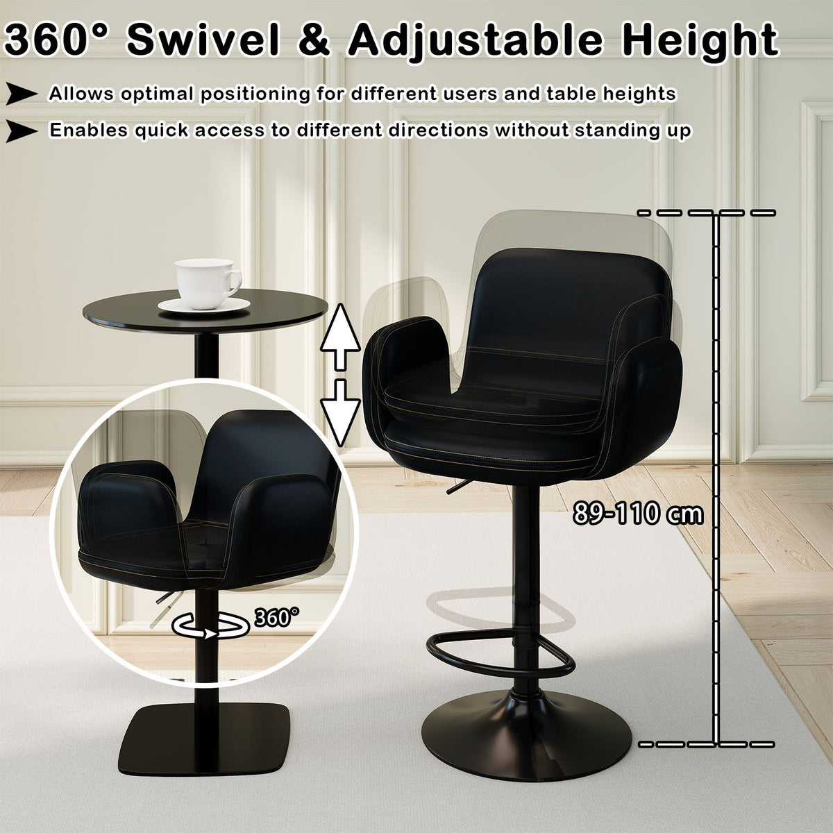 Swivel Bar Stools Set of 2 Modern PU Leather Bar Chairs with Adjustable Height