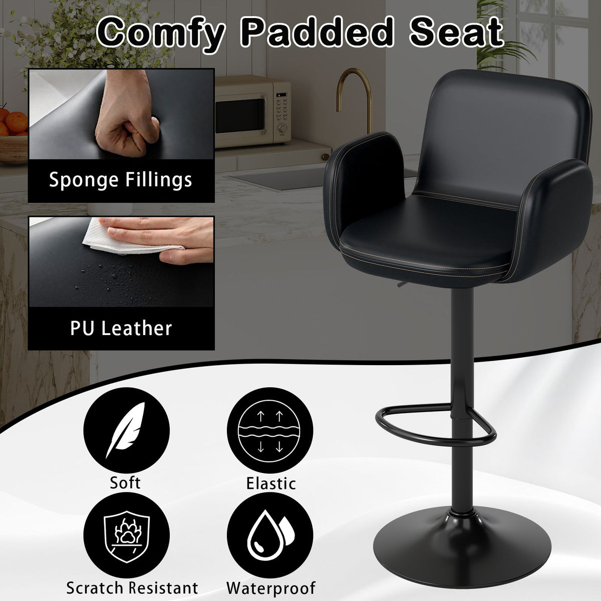 Swivel Bar Stools Set of 2 Modern PU Leather Bar Chairs with Adjustable Height