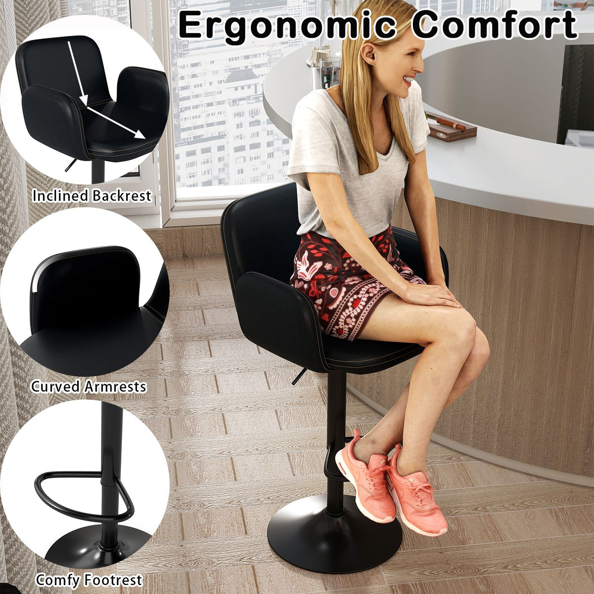 Swivel Bar Stools Set of 2 Modern PU Leather Bar Chairs with Adjustable Height