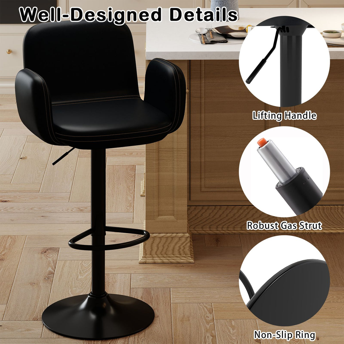 Swivel Bar Stools Set of 2 Modern PU Leather Bar Chairs with Adjustable Height