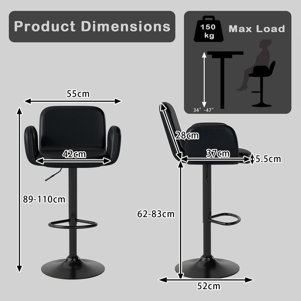 Swivel Bar Stools Set of 2 Modern PU Leather Bar Chairs with Adjustable Height