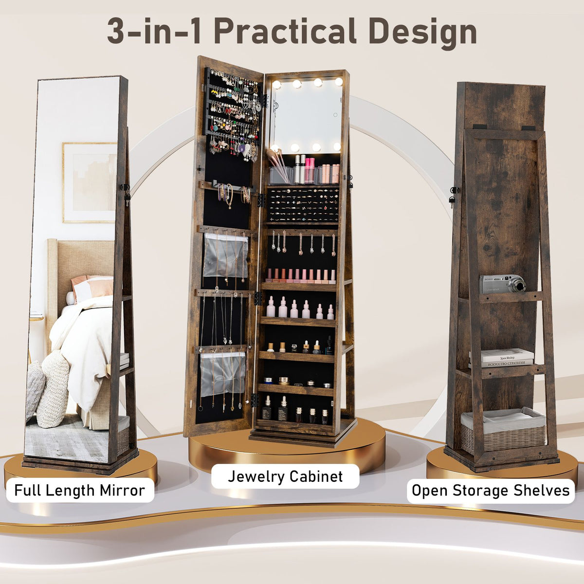 360° Swivel Freestanding Jewelry Storage Organizer with Full Length Mirror