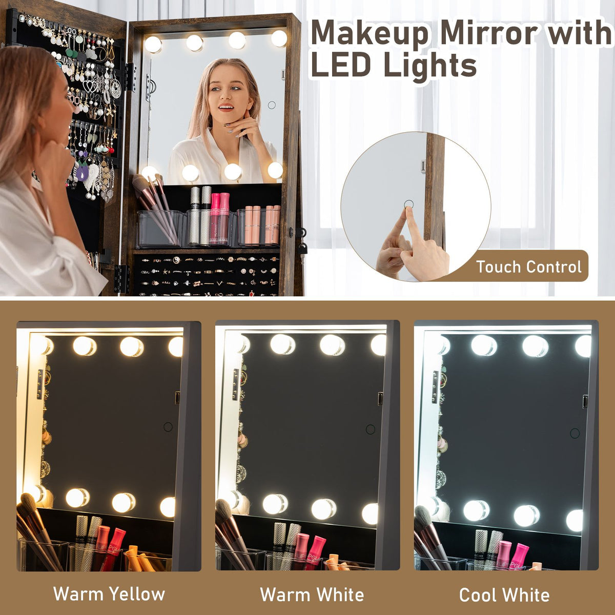 360° Swivel Freestanding Jewelry Storage Organizer with Full Length Mirror