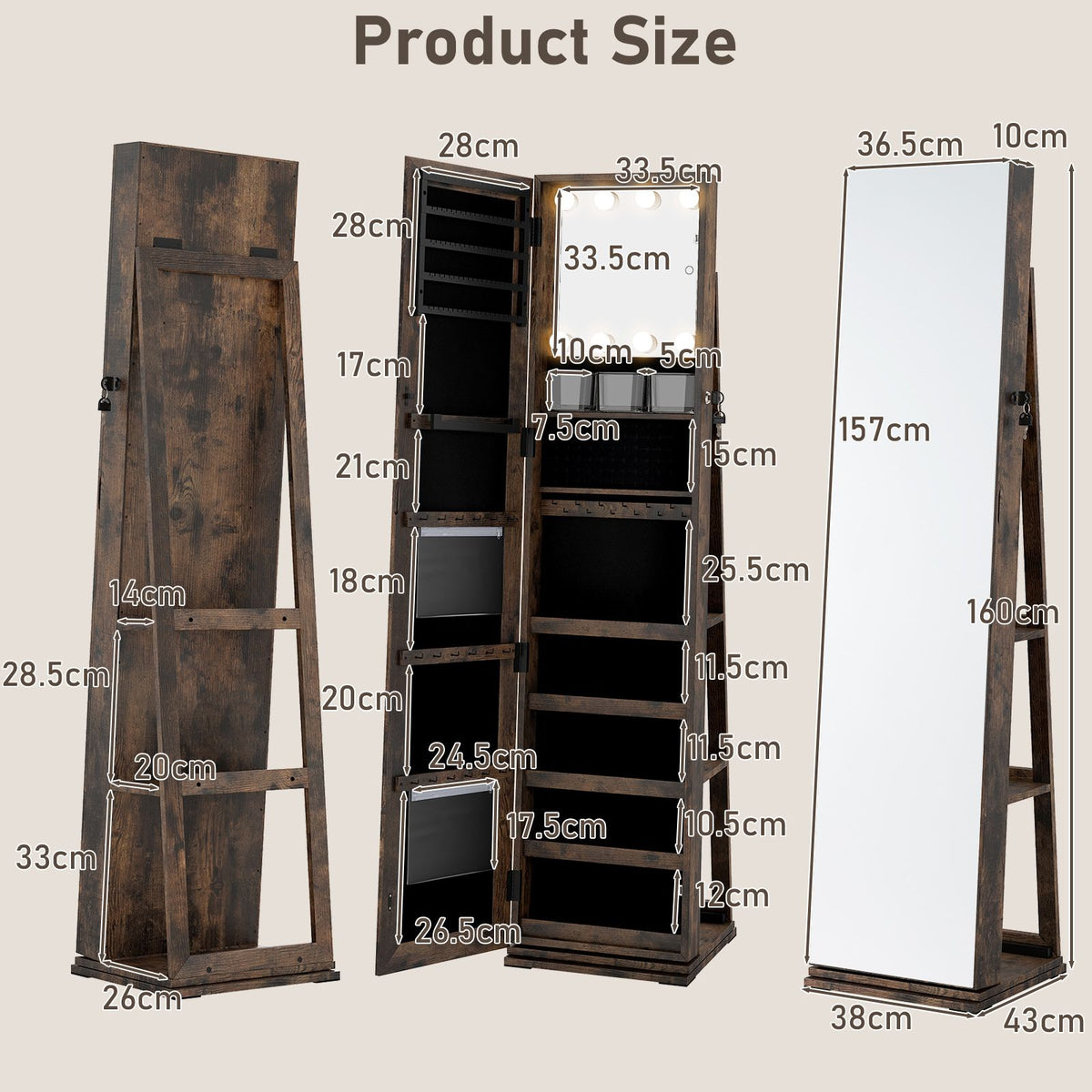 360° Swivel Freestanding Jewelry Storage Organizer with Full Length Mirror