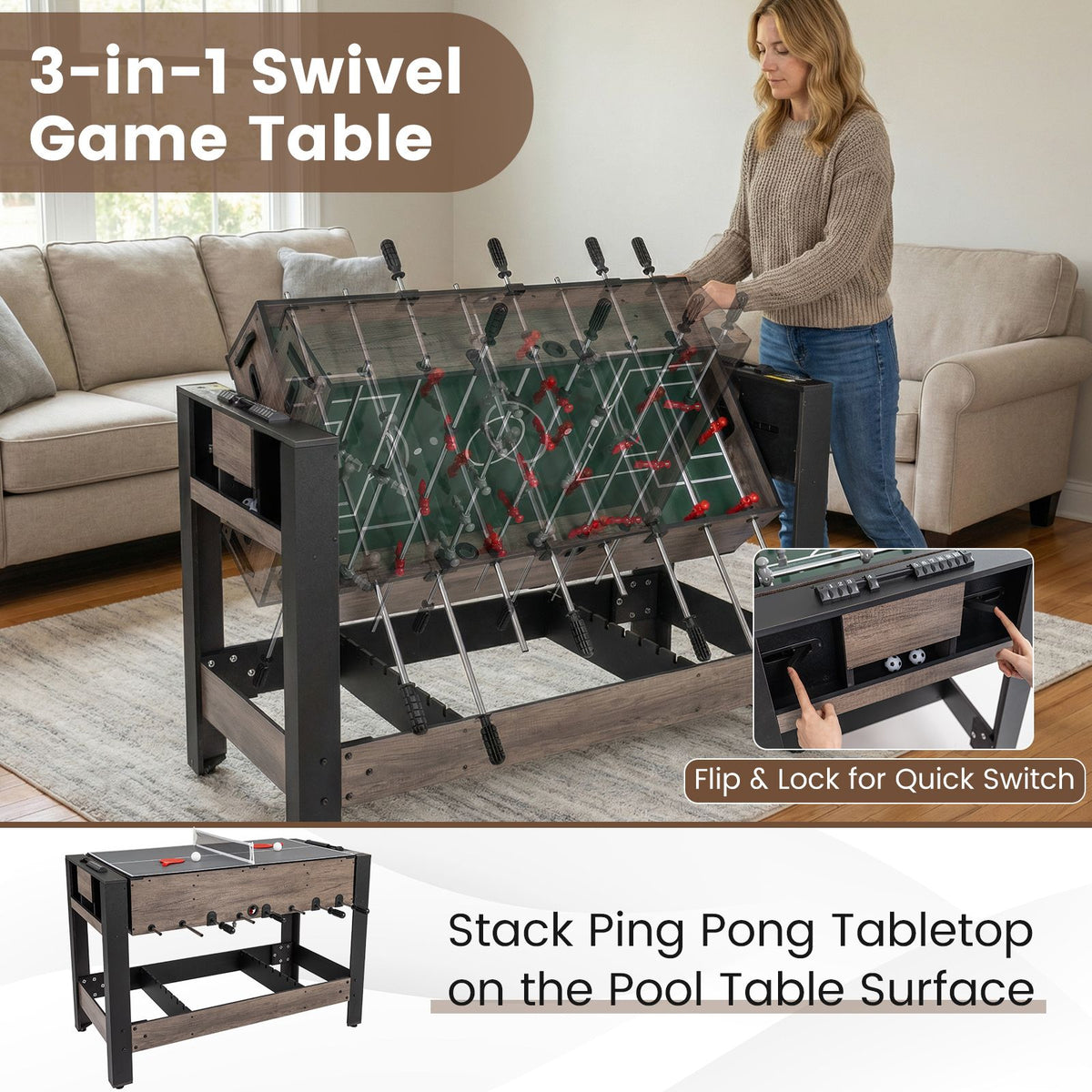 3-in-1 Swivel Game Table with Foosball and Pool Billiards for Teens Adults