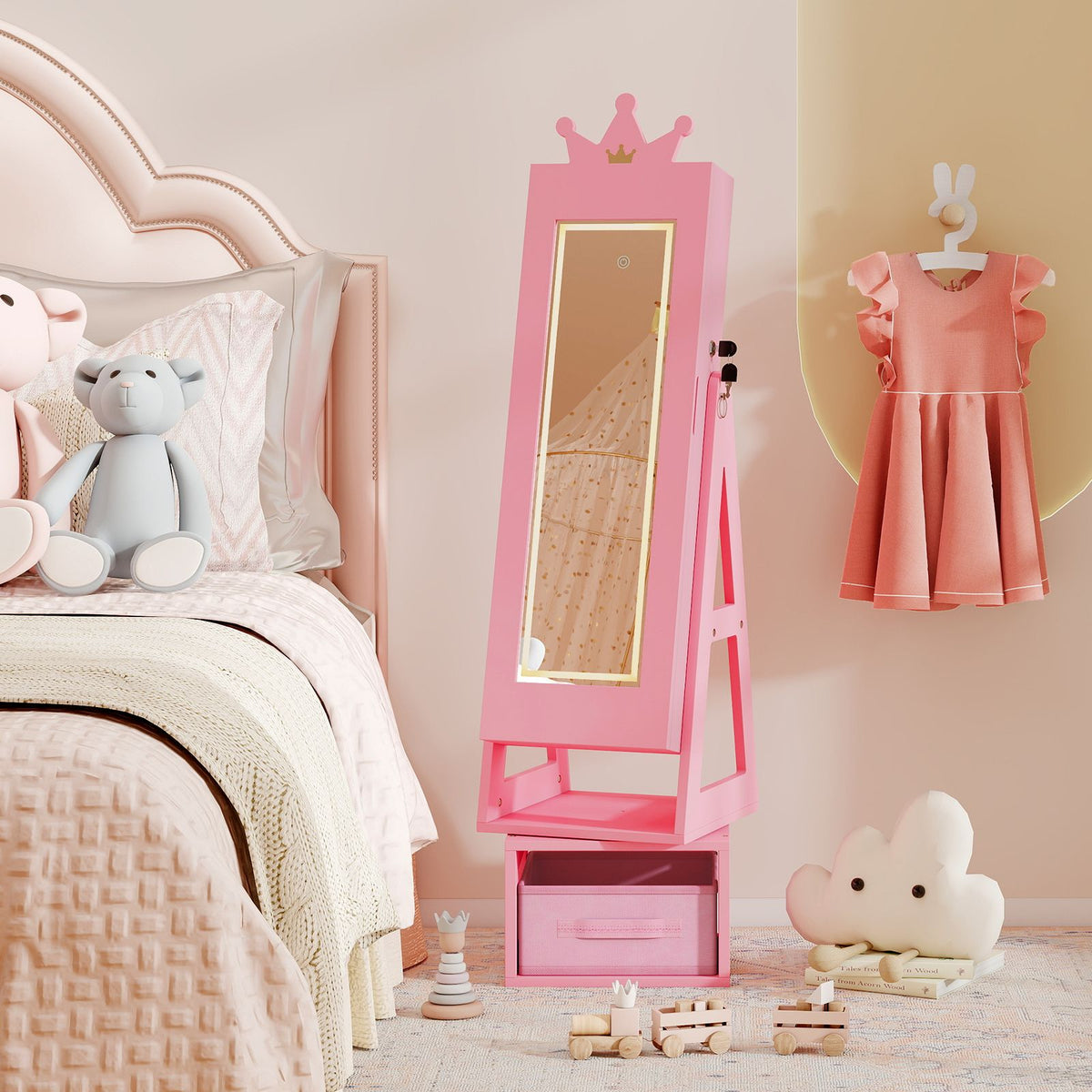 Swivel Kids Jewelry Cabinet with Lights and Full-Length Mirror