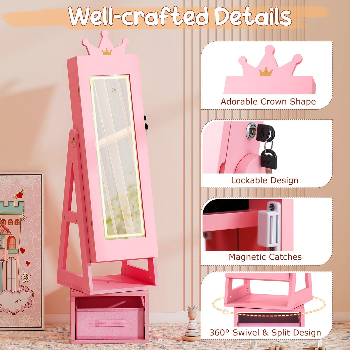 Swivel Kids Jewelry Cabinet with Lights and Full-Length Mirror