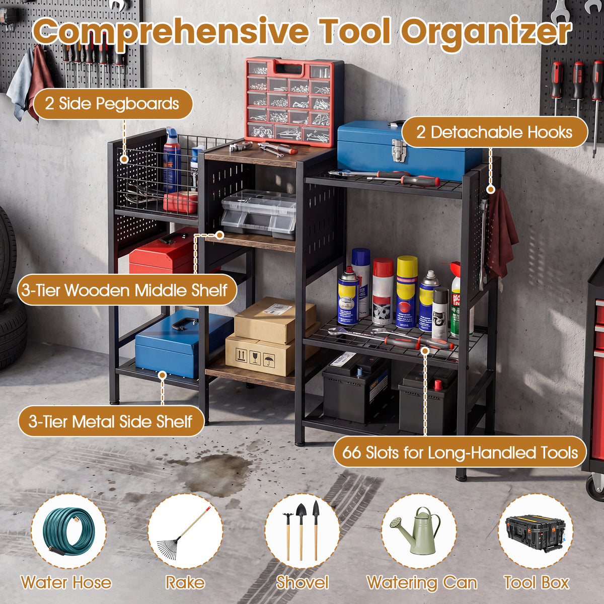 3-Tier Garden Tool Organizer w/Wooden Shelves