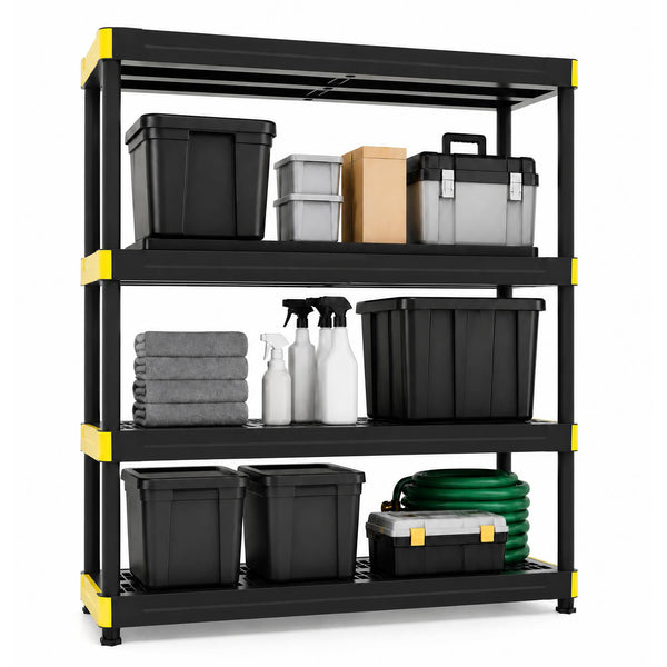 4-Tier Plastic Storage Shelf with Anti-Tipping Kit and Adjustable Feet for Garage