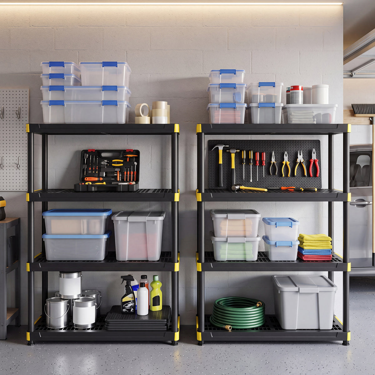 4-Tier Plastic Storage Shelf with Anti-Tipping Kit and Adjustable Feet for Garage