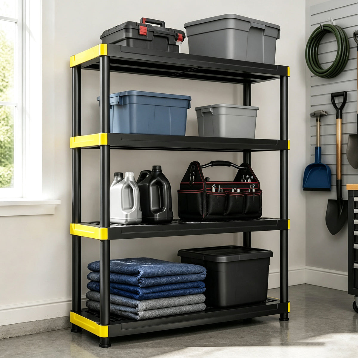4-Tier Plastic Storage Shelf with Anti-Tipping Kit and Adjustable Feet for Garage