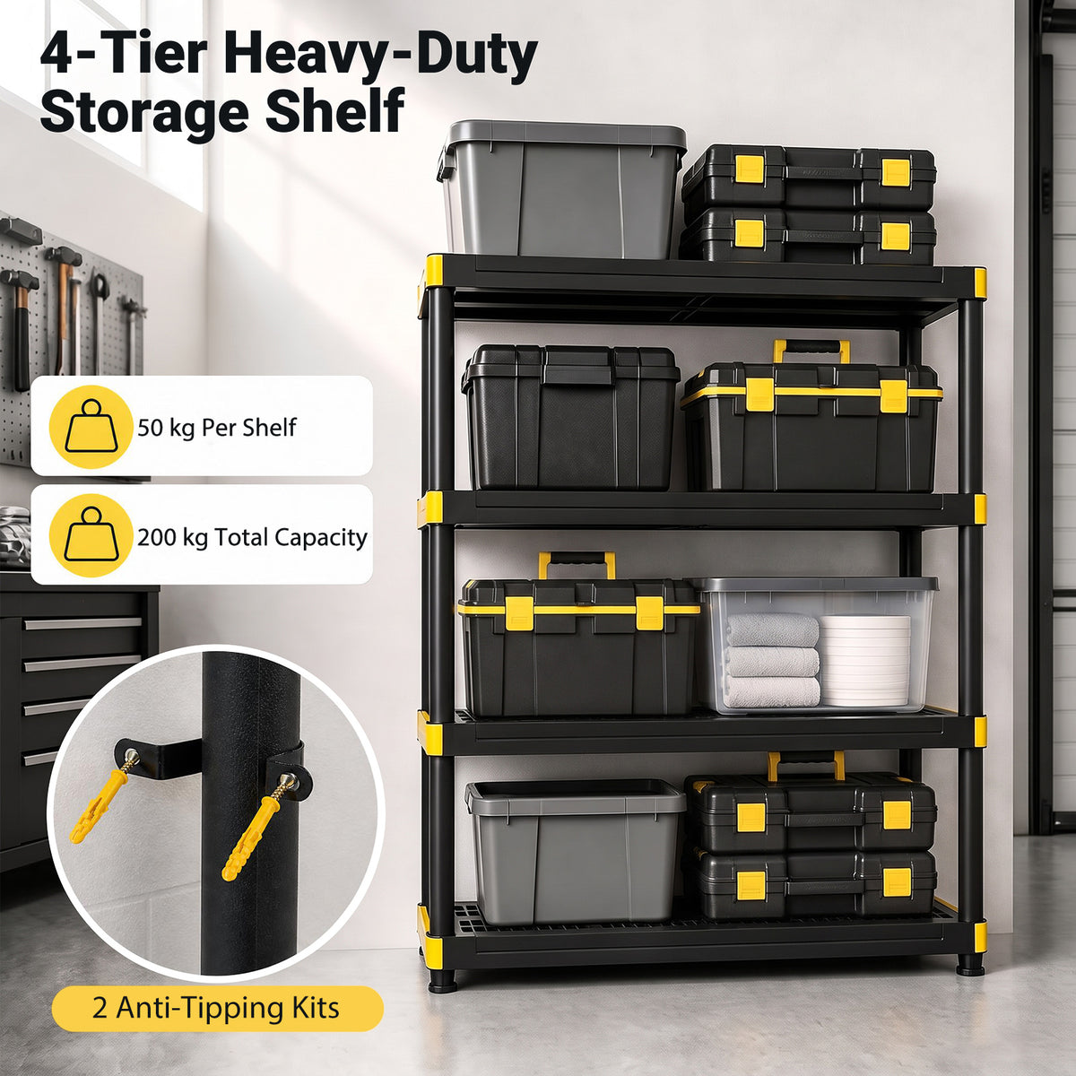 4-Tier Plastic Storage Shelf with Anti-Tipping Kit and Adjustable Feet for Garage