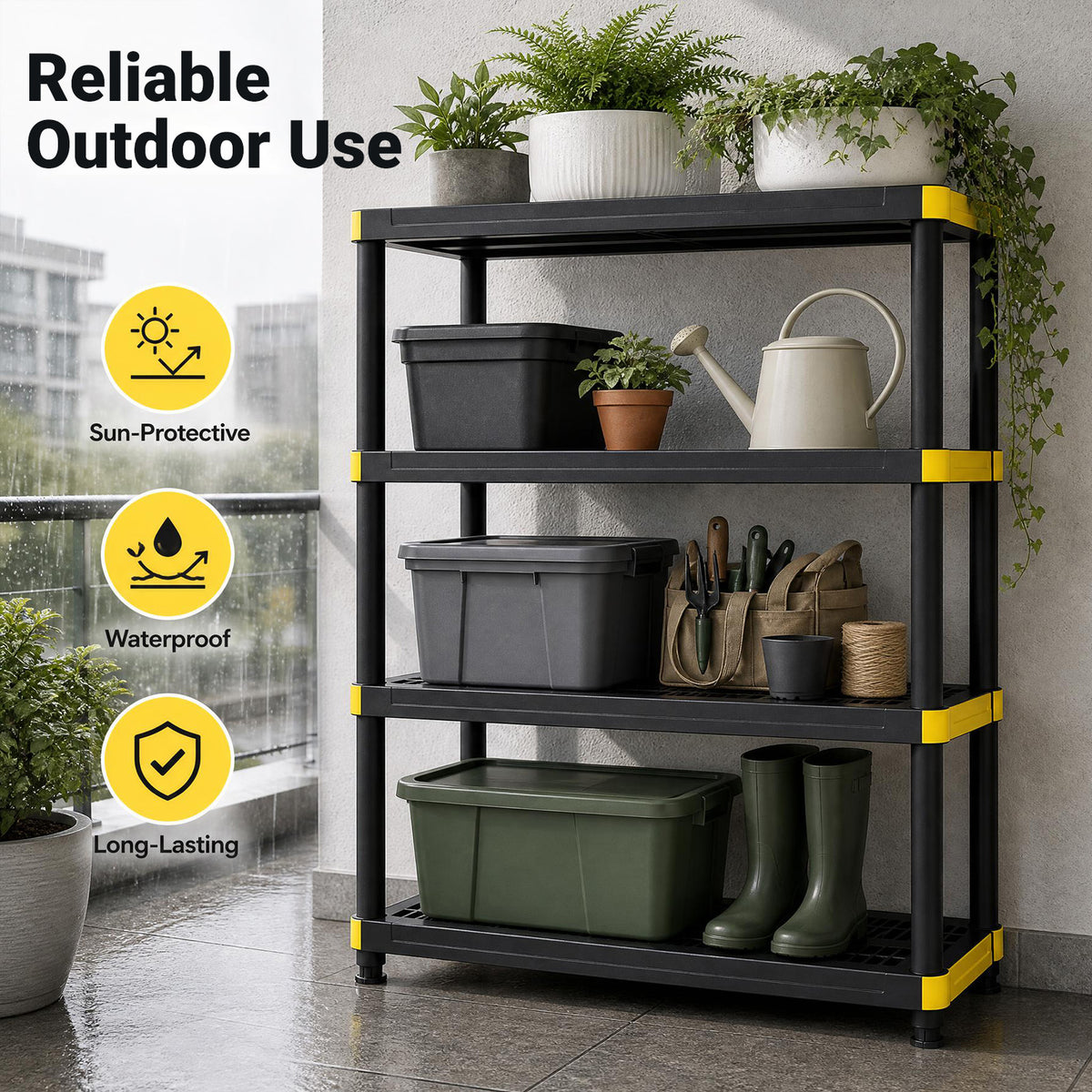 4-Tier Plastic Storage Shelf with Anti-Tipping Kit and Adjustable Feet for Garage