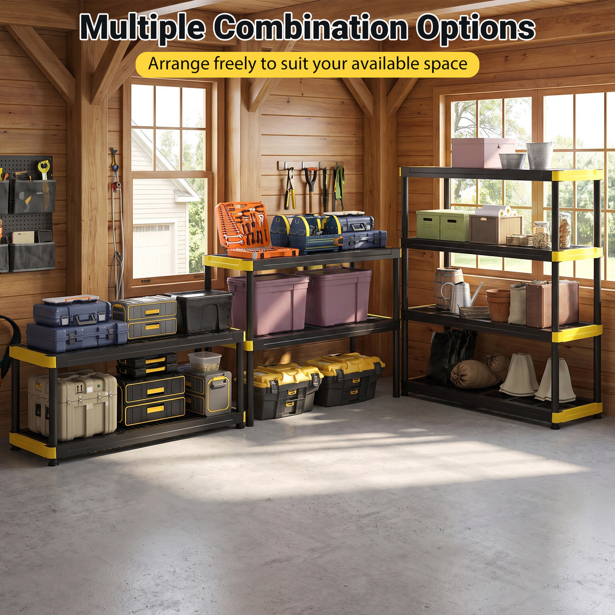 4-Tier Plastic Storage Shelf with Anti-Tipping Kit and Adjustable Feet for Garage