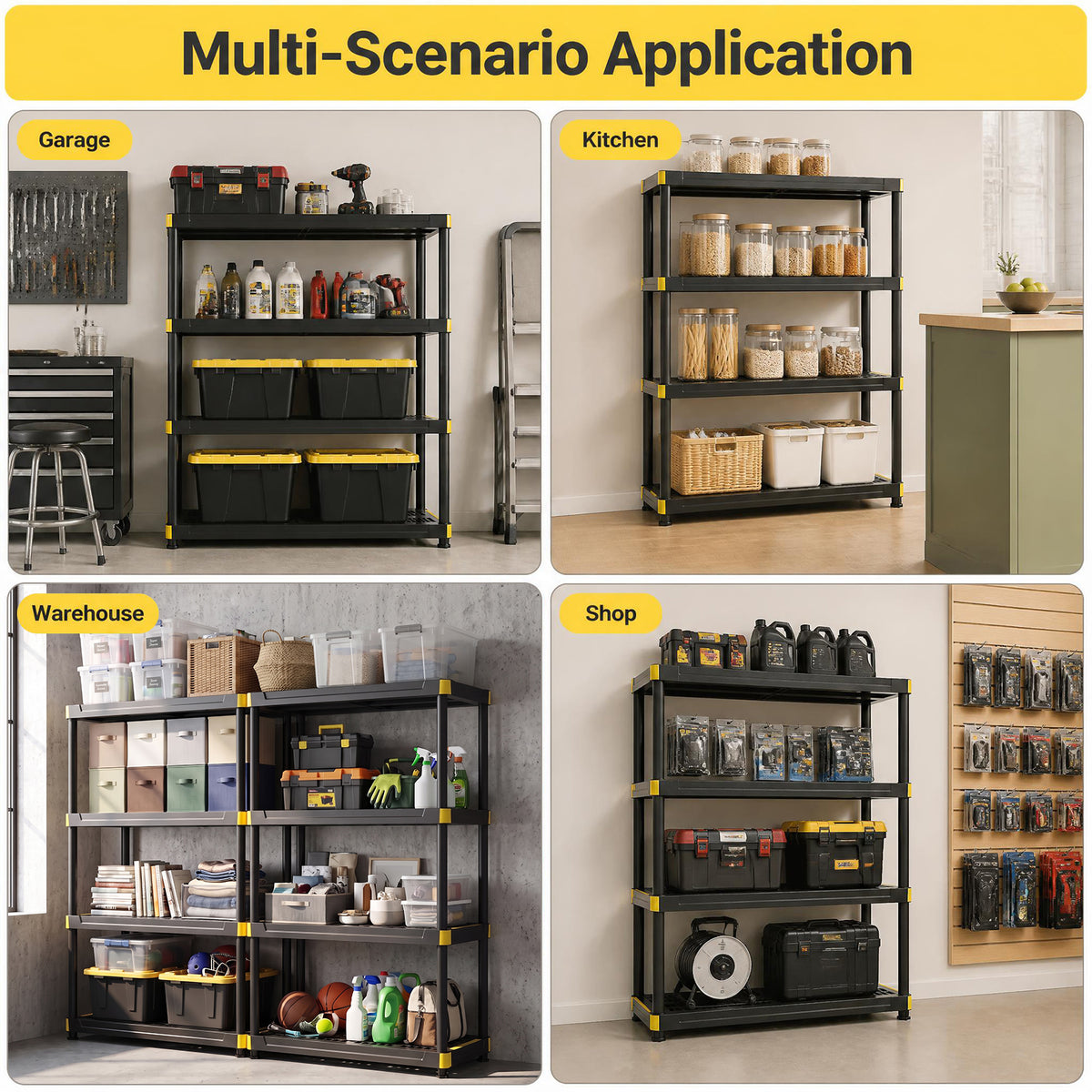 4-Tier Plastic Storage Shelf with Anti-Tipping Kit and Adjustable Feet for Garage