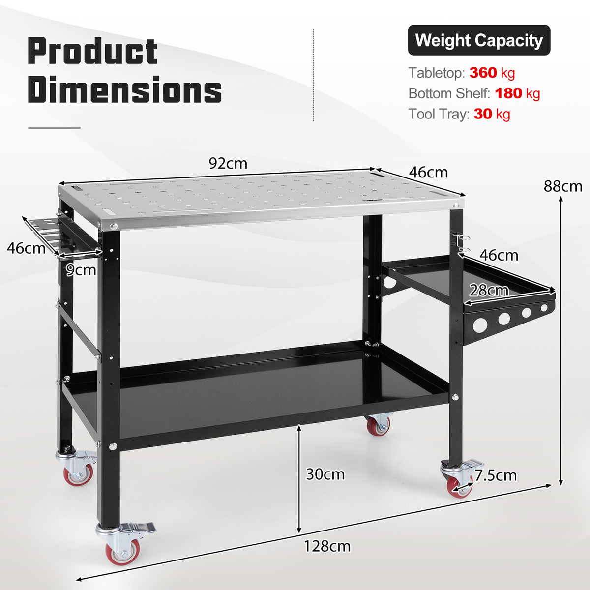 92cm x 46cm Welding Table, 570kg Welding Workbench on Wheels