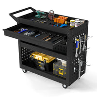 3 Tier Steel Tool Trolley with Large Drawer and 2 Pegboards