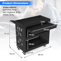 3 Tier Steel Tool Trolley with Large Drawer and 2 Pegboards