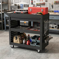 3 Tier Steel Tool Trolley with Large Drawer and 2 Pegboards