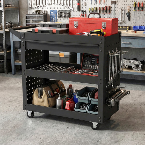 3 Tier Steel Tool Trolley with Large Drawer and 2 Pegboards