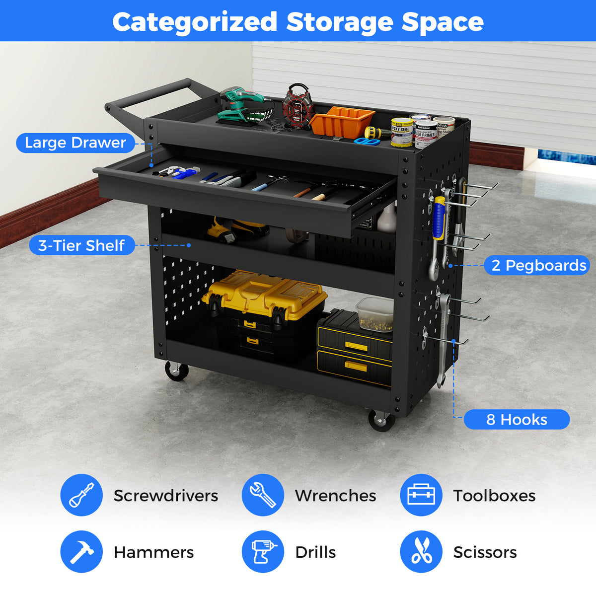 3 Tier Steel Tool Trolley with Large Drawer and 2 Pegboards