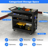 3 Tier Steel Tool Trolley with Large Drawer and 2 Pegboards