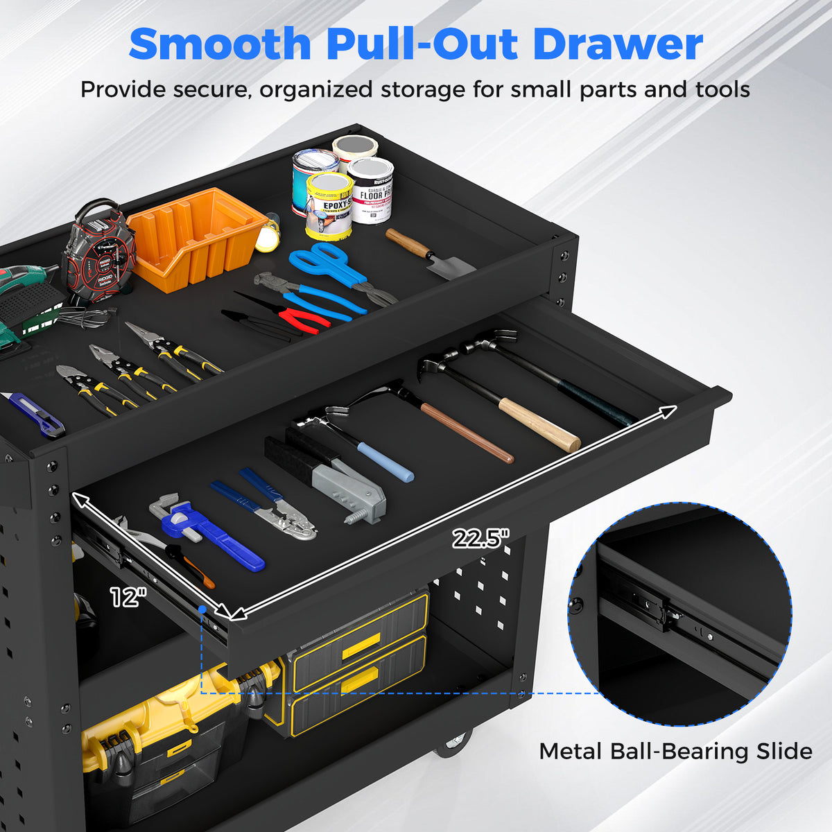 3 Tier Steel Tool Trolley with Large Drawer and 2 Pegboards