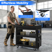 3 Tier Steel Tool Trolley with Large Drawer and 2 Pegboards