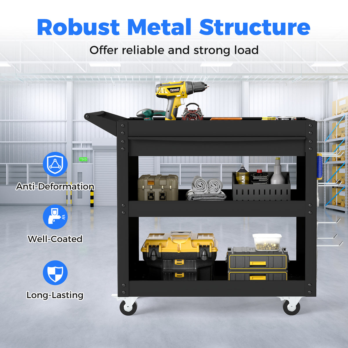 3 Tier Steel Tool Trolley with Large Drawer and 2 Pegboards