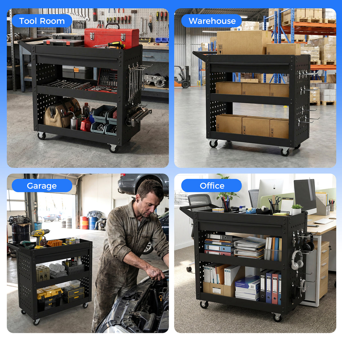 3 Tier Steel Tool Trolley with Large Drawer and 2 Pegboards