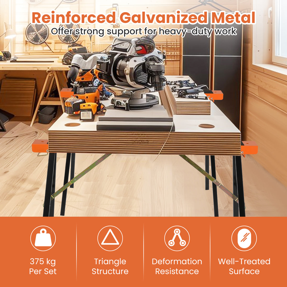 2-Pack Portable Sawhorses, Heavy-Duty Galvanized Metal Power Tool Stand