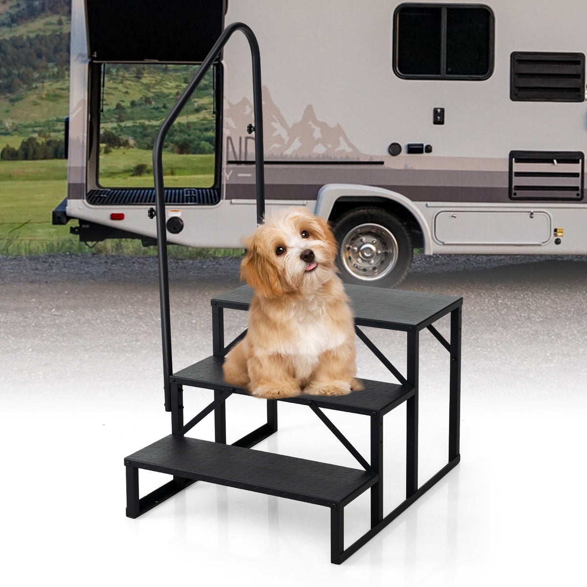RV Step with Handrail and Wide Anti-Slip Platforms for Porch
