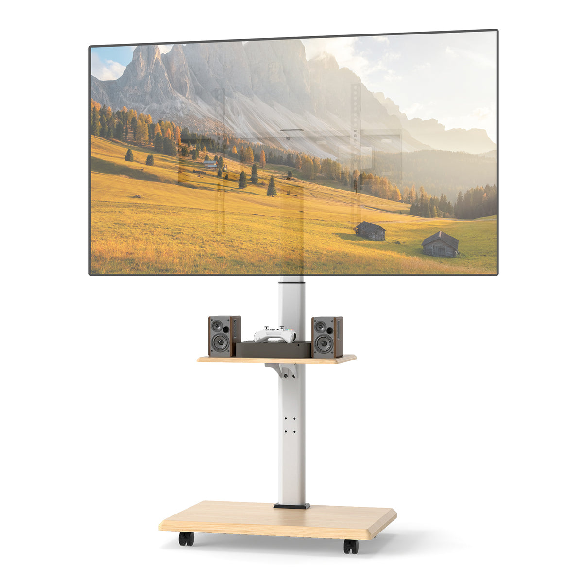 Rolling TV Stand on Wheels with 30° Tilt Mount and Adjustable Shelf