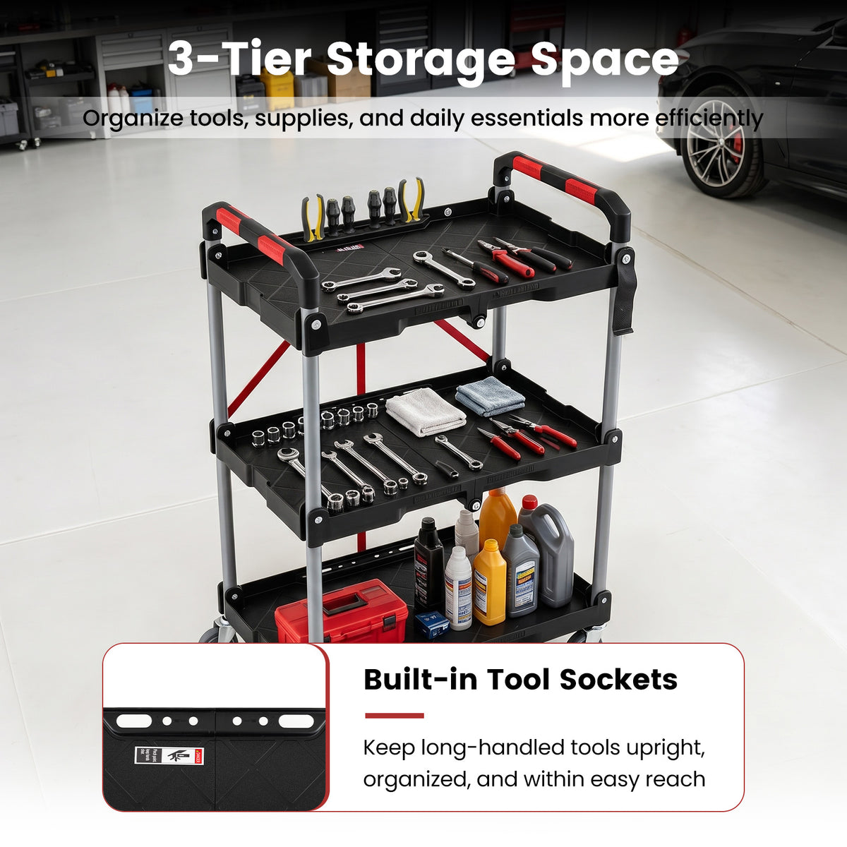 3-Tier Folding Utility Cart with Swivel Wheels and Brakes