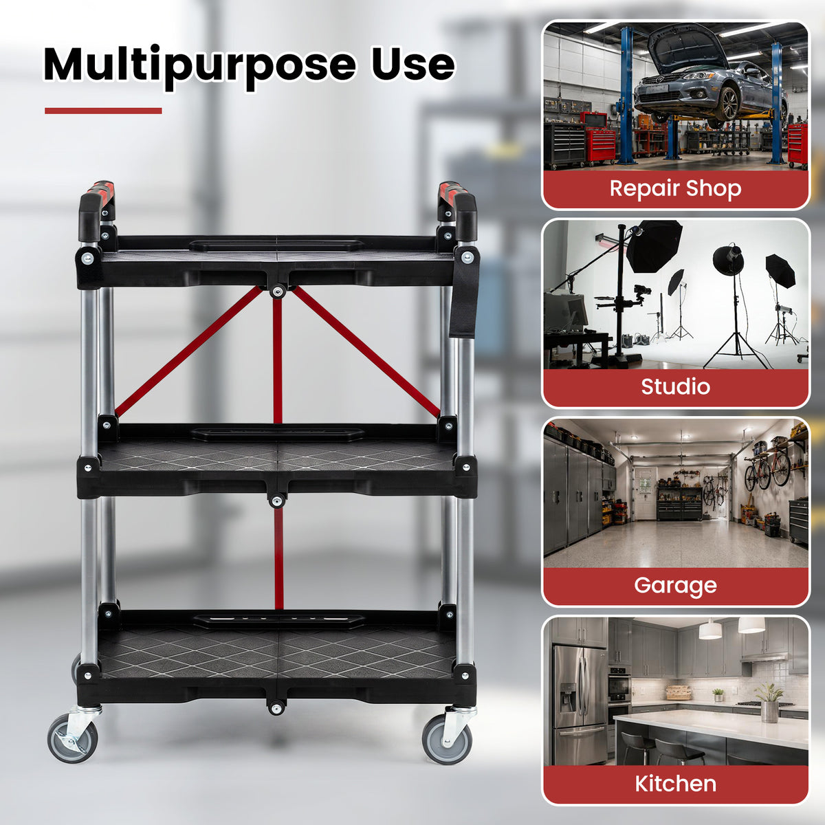 3-Tier Folding Utility Cart with Swivel Wheels and Brakes