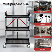 3-Tier Folding Utility Cart with Swivel Wheels and Brakes