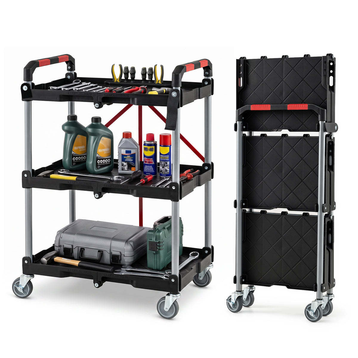3-Tier Folding Utility Cart with Swivel Wheels and Brakes