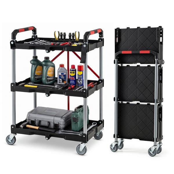 3-Tier Folding Utility Cart with Swivel Wheels and Brakes