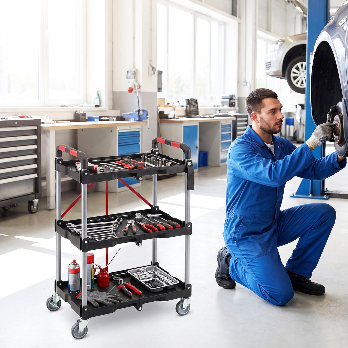 3-Tier Folding Utility Cart with Swivel Wheels and Brakes