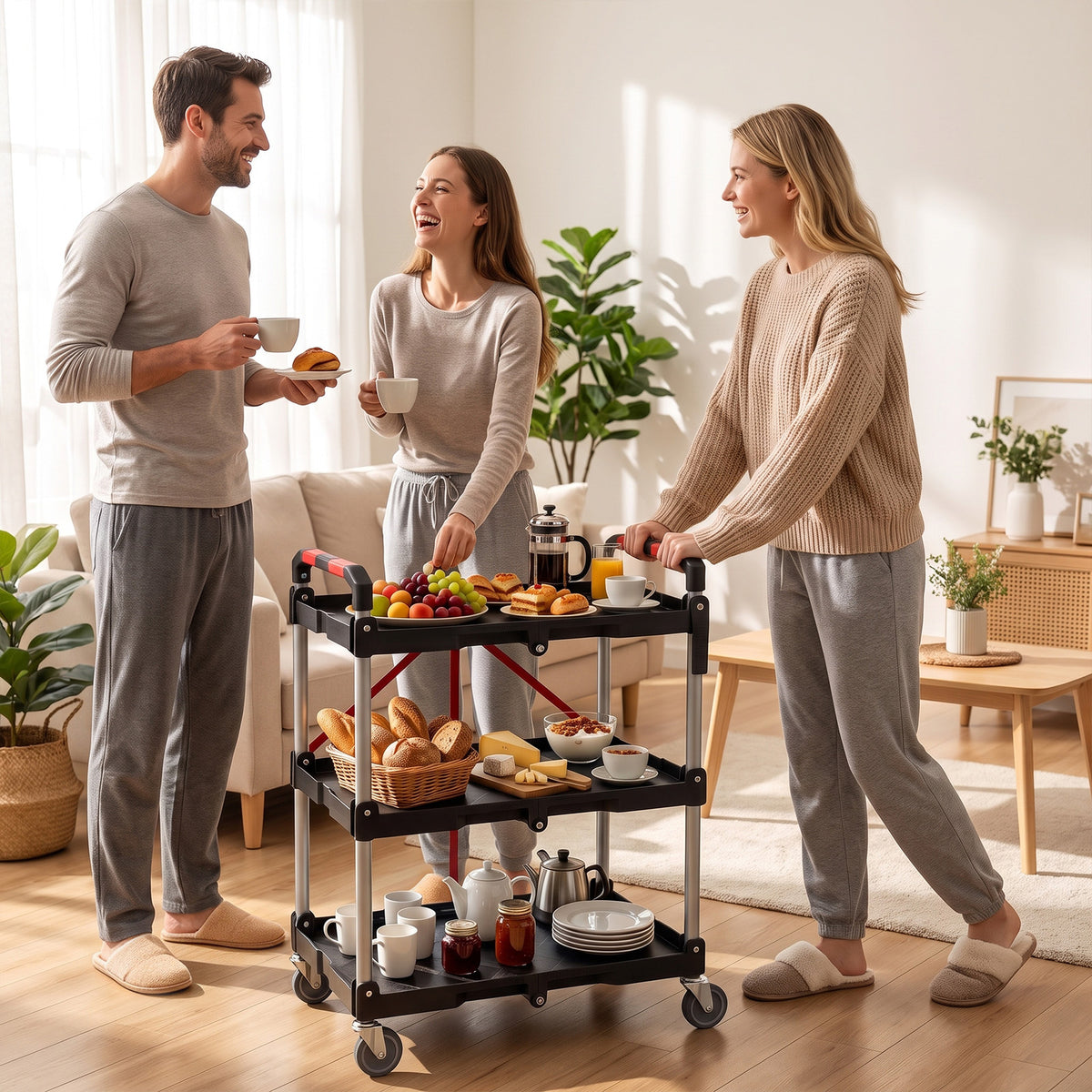 3-Tier Folding Utility Cart with Swivel Wheels and Brakes